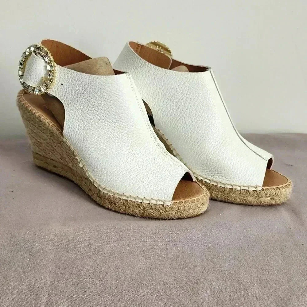 maypol Nemi Leather Buckle Rhinestone Wedge Sandals - EU 37